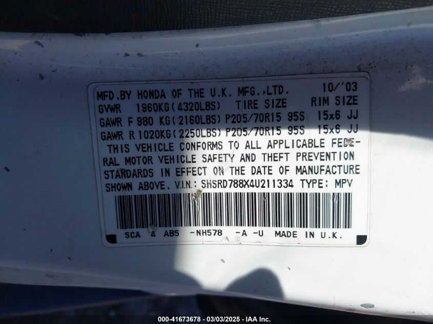 2004 Honda Cr-V Ex VIN: SHSRD788X4U211334 Lot: 41673678