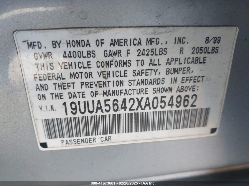 1999 Acura Tl 3.2 VIN: 19UUA5642XA054962 Lot: 41673681