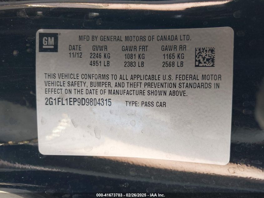 2013 Chevrolet Camaro Zl1 VIN: 2G1FL1EP9D9804315 Lot: 41673703