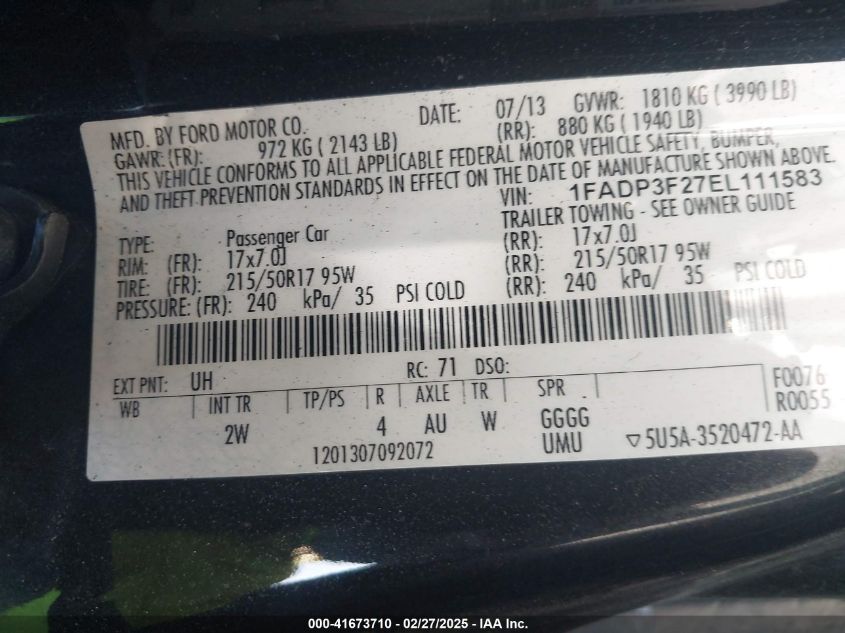 2014 Ford Focus Se VIN: 1FADP3F27EL111583 Lot: 41673710