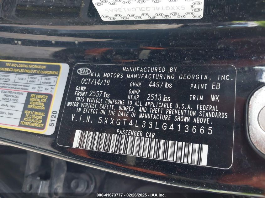 2020 Kia Optima Lx VIN: 5XXGT4L33LG413665 Lot: 41673777