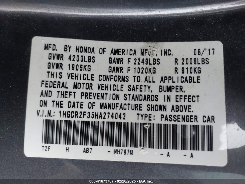 2017 HONDA ACCORD VIN: 1HGCR2F35HA274043