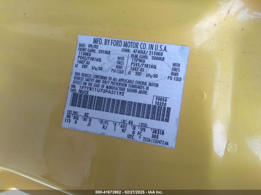 2003 Ford Ranger Edge VIN: 1FTYR11U73PA31192 Lot: 41673902