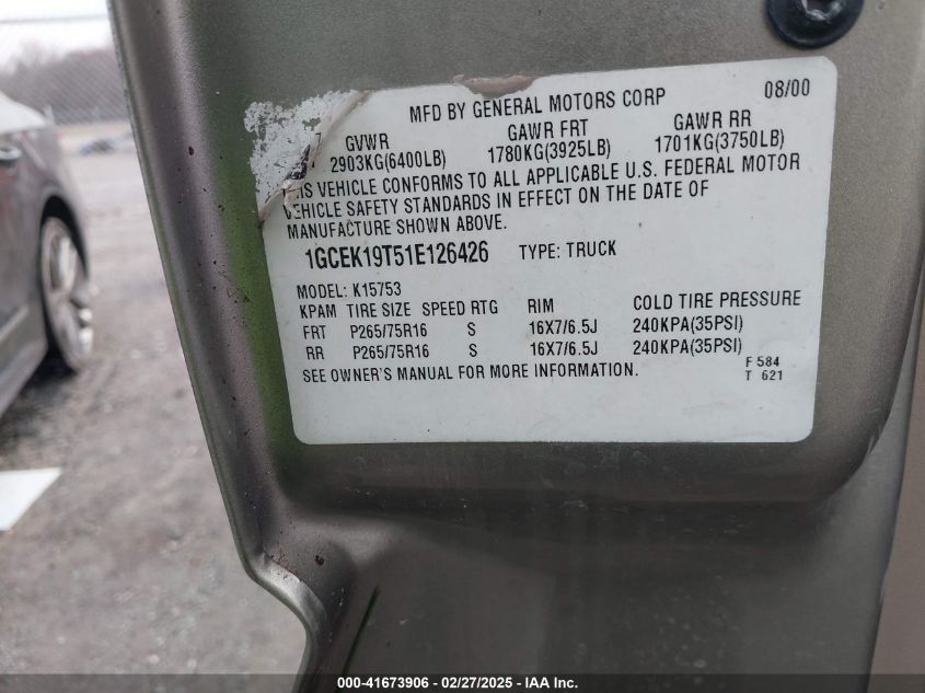 2001 Chevrolet Silverado 1500 Lt VIN: 1GCEK19T51E126426 Lot: 41673906