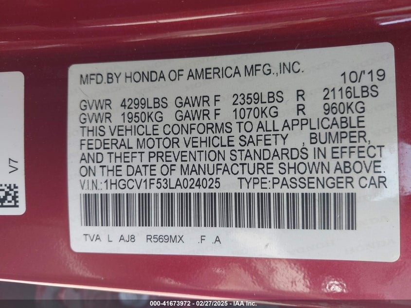 2020 HONDA ACCORD EX-L - 1HGCV1F53LA024025