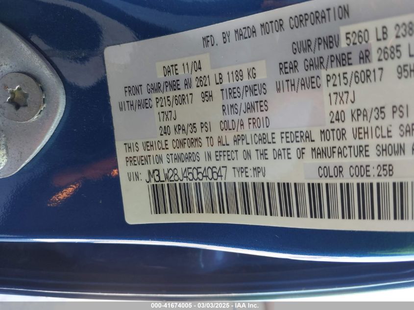 2005 Mazda Mpv Lx VIN: JM3LW28J450540647 Lot: 41674005