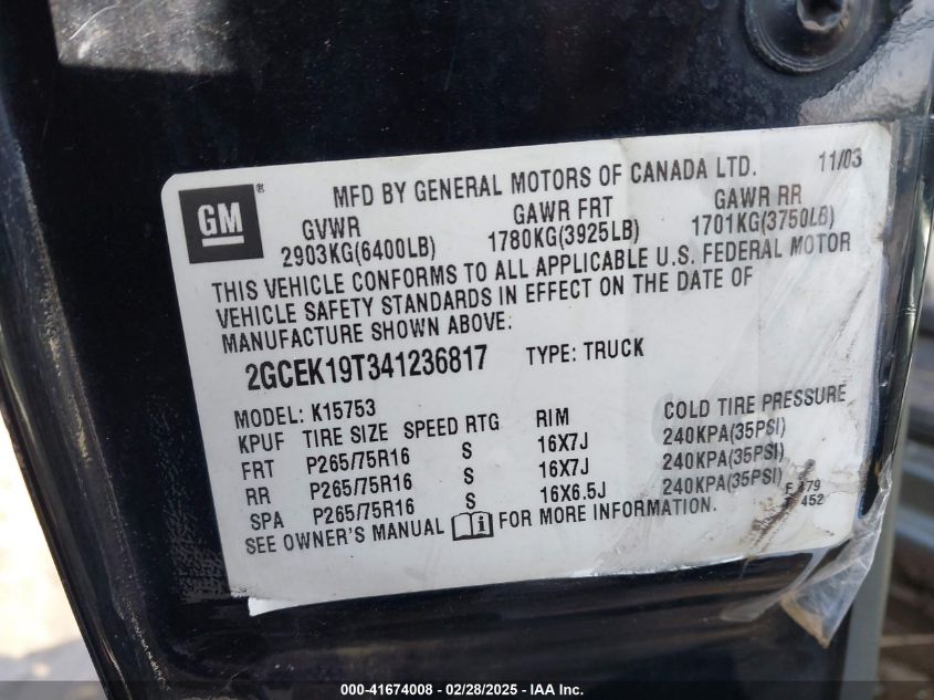 2004 Chevrolet Silverado 1500 Ls VIN: 2GCEK19T341236817 Lot: 41674008