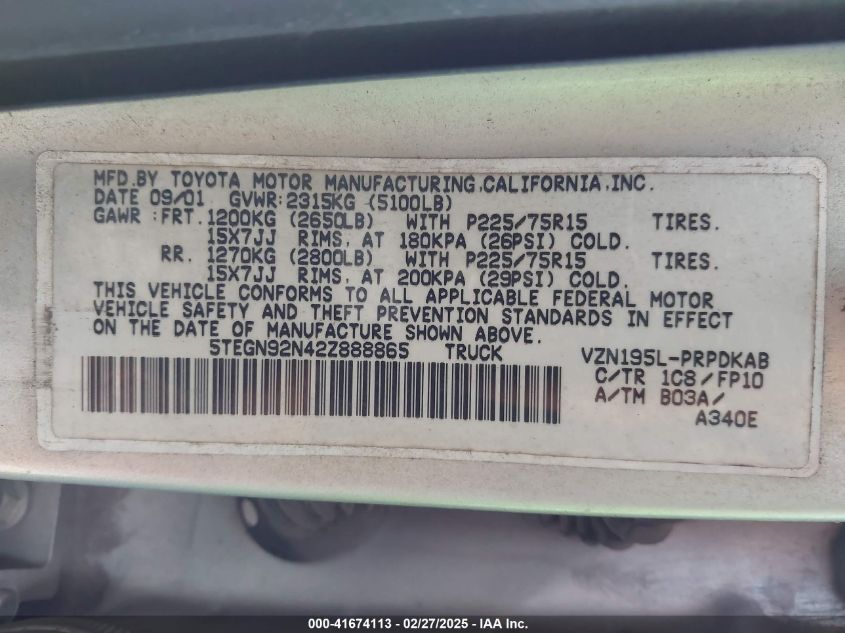 2002 Toyota Tacoma Prerunner V6 VIN: 5TEGN92N42Z888865 Lot: 41674113