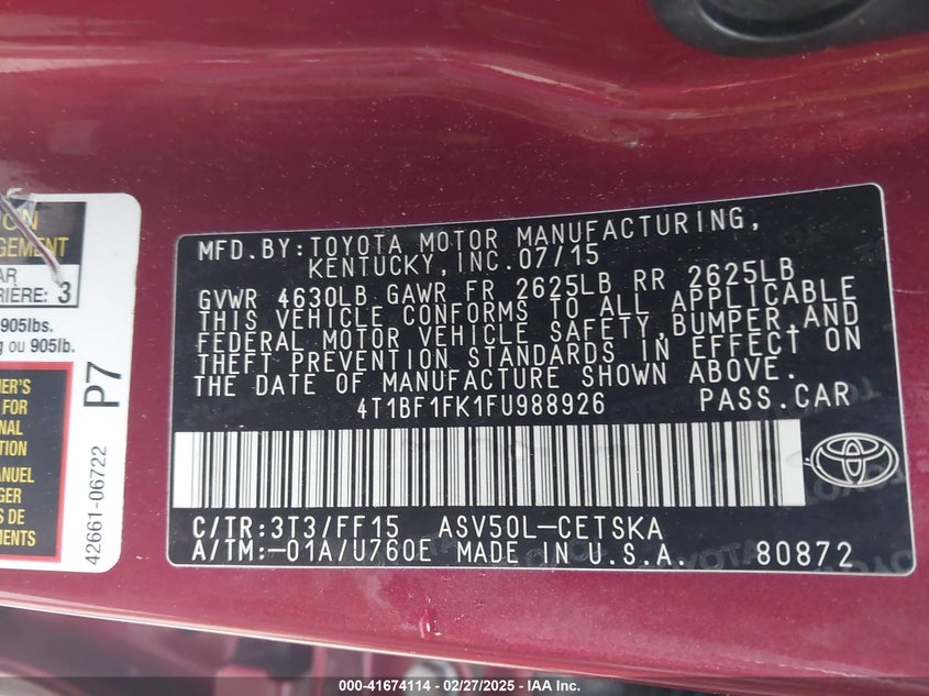 2015 TOYOTA CAMRY VIN: 4T1BF1FK1FU988926