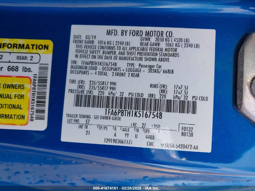 2019 Ford Mustang Ecoboost VIN: 1FA6P8TH1K5167548 Lot: 41674151