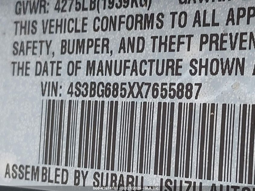 1999 Subaru Legacy 30Th Ann. Outback Ltd./Outback VIN: 4S3BG685XX7655887 Lot: 41674181