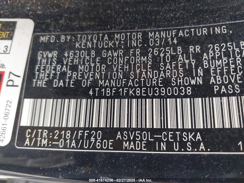2014 TOYOTA CAMRY VIN: 4T1BF1FK8EU390038