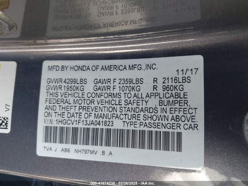 2018 Honda Accord Lx VIN: 1HGCV1F13JA041823 Lot: 41674238