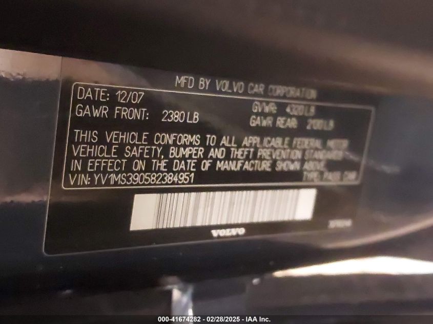 2008 Volvo S40 2.4I VIN: YV1MS390582384951 Lot: 41674282