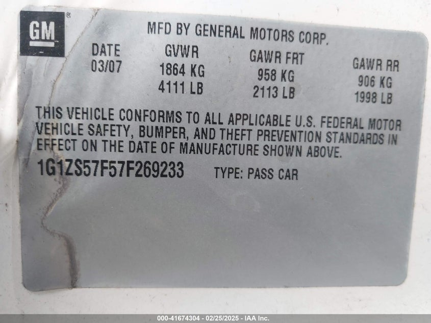 2007 CHEVROLET MALIBU VIN: 1G1ZS57F57F269233