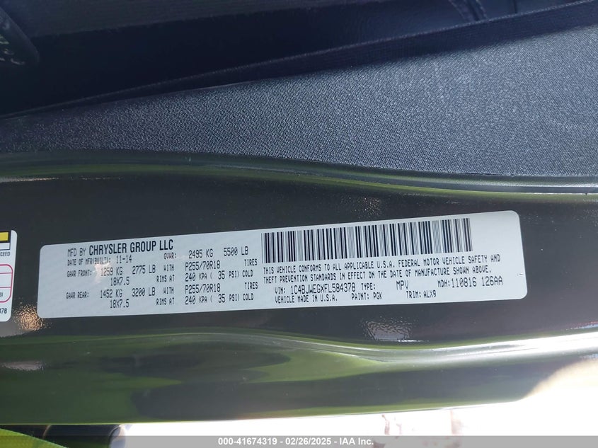 2015 JEEP WRANGLER UNLIMITED VIN: 1C4BJWEGXFL584378