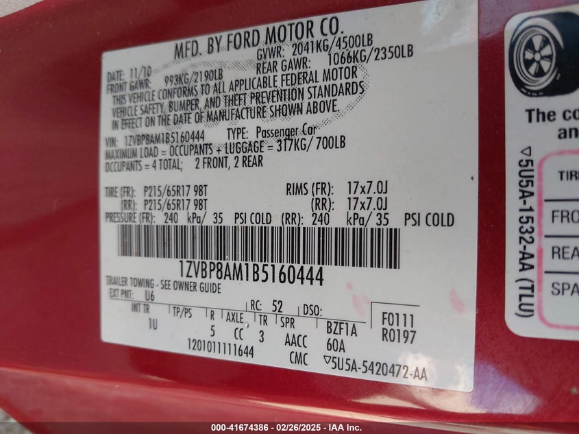 2011 FORD MUSTANG VIN: 1ZVBP8AM1B5160444
