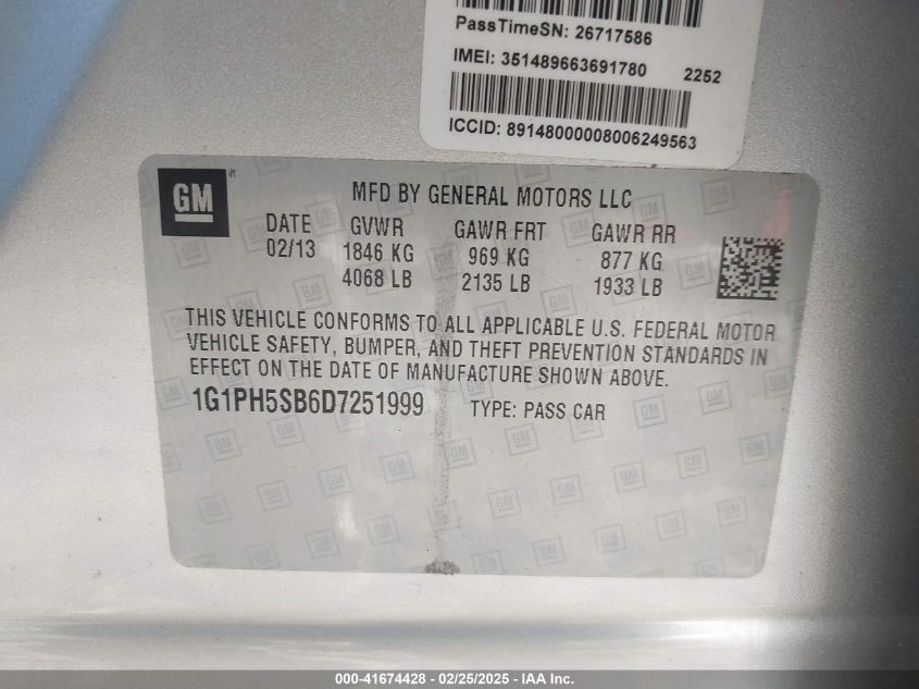 2013 Chevrolet Cruze Eco Auto VIN: 1G1PH5SB6D7251999 Lot: 41674428