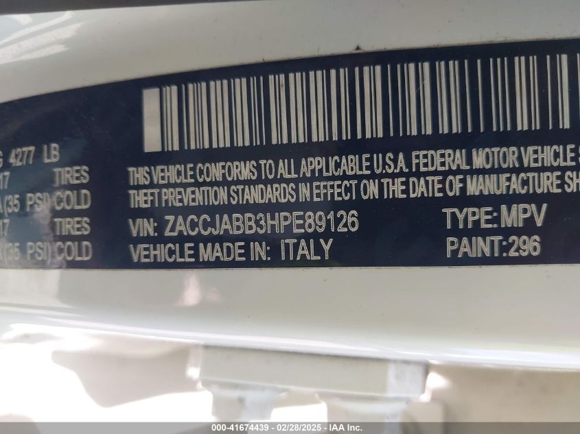 2017 Jeep Renegade Latitude Fwd VIN: ZACCJABB3HPE89126 Lot: 41674439