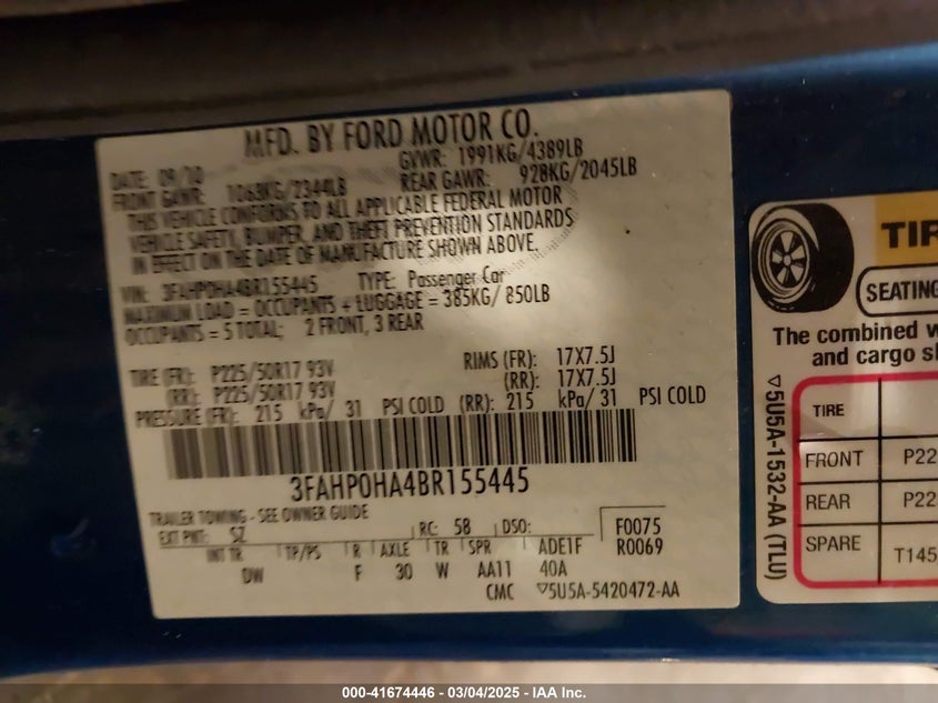 2011 FORD FUSION VIN: 3FAHP0HA4BR155445