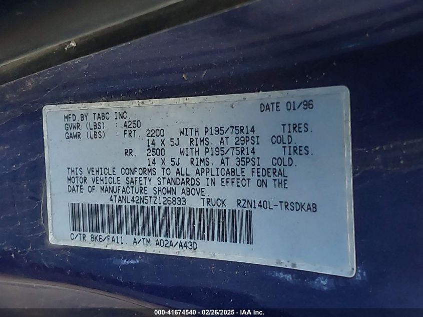 1996 Toyota Tacoma VIN: 04TANL42N5TZ12683 Lot: 41674540