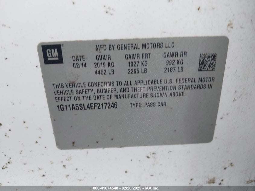 2014 CHEVROLET MALIBU VIN: 1G11A5SL4EF217246