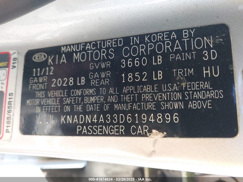 2013 Kia Rio Ex VIN: KNADN4A33D6194896 Lot: 41674624