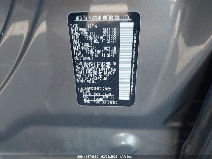 2015 Nissan Quest Sv VIN: JN8AE2KP4F9123952 Lot: 41674690