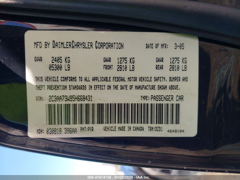 2005 Chrysler 300 300C Srt8 VIN: 2C3AA73W95H668431 Lot: 41674726