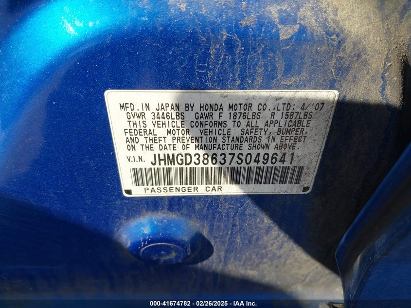 2007 HONDA FIT VIN: JHMGD38637S049641