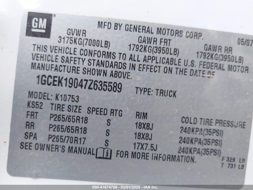 2007 CHEVROLET SILVERADO 1500 VIN: 1GCEK19047Z635589