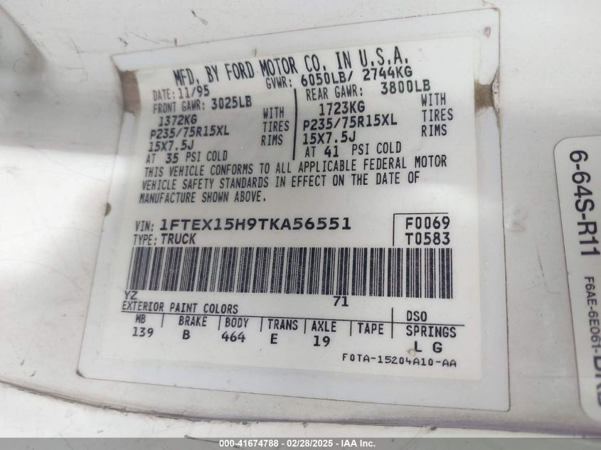 1996 Ford F150 VIN: 1FTEX15H9TKA56551 Lot: 41674788