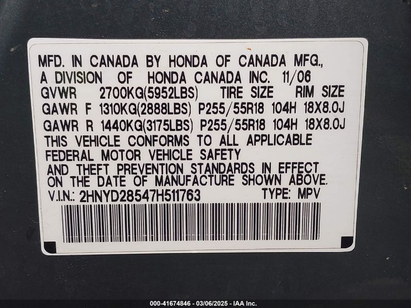 2007 Acura Mdx Sport Package VIN: 2HNYD28547H511763 Lot: 41674846