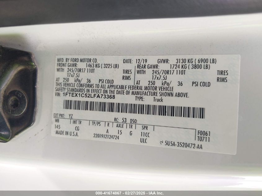 2020 Ford F-150 Xl VIN: 1FTEX1C52LFA73368 Lot: 41674867