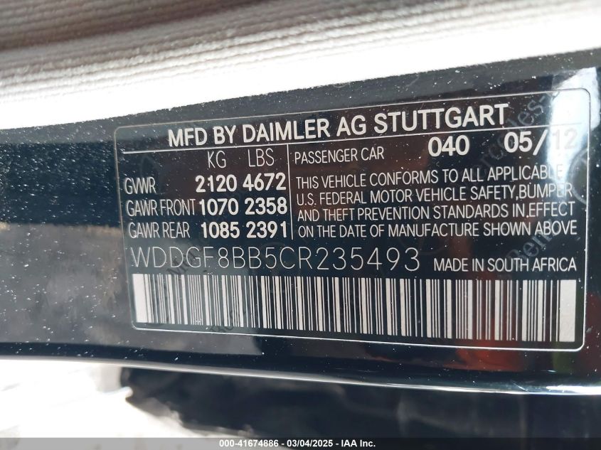 2012 Mercedes-Benz C 300 Luxury 4Matic/Sport 4Matic VIN: WDDGF8BB5CR235493 Lot: 41674886