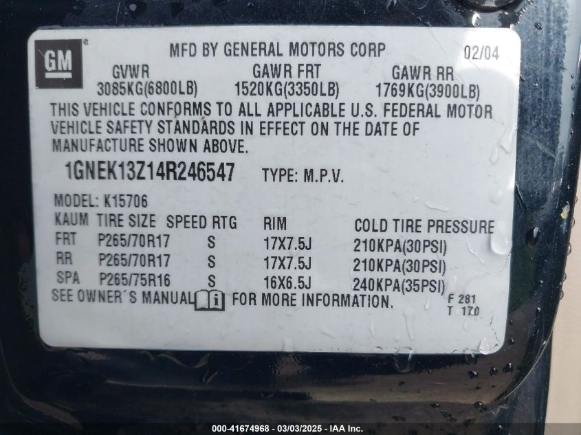 2004 Chevrolet Tahoe Z71 VIN: 1GNEK13Z14R246547 Lot: 41674968