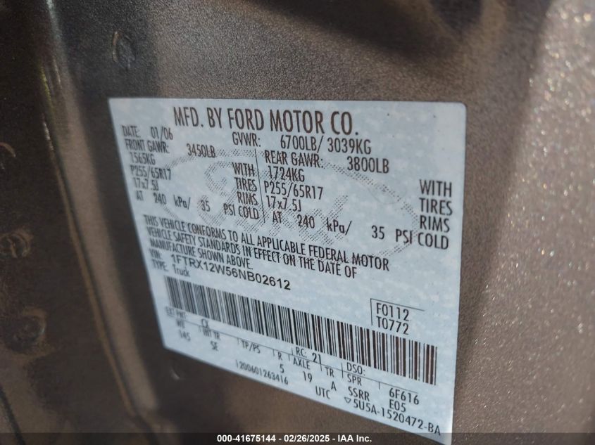 2006 Ford F-150 Stx/Xl/Xlt VIN: 1FTRX12W56NB02612 Lot: 41675144