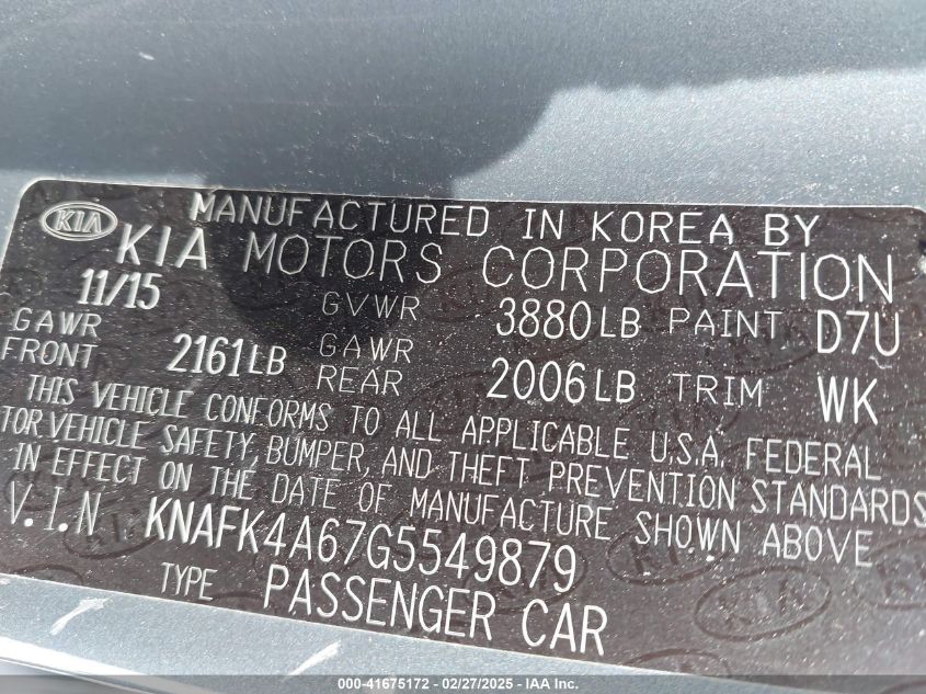2016 Kia Forte Lx VIN: KNAFK4A67G5549879 Lot: 41675172