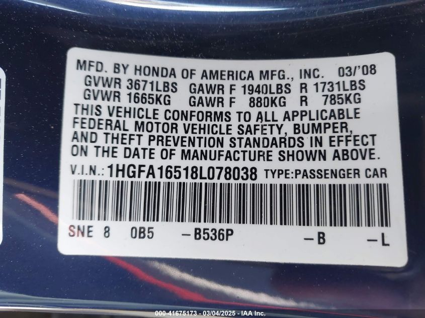 2008 Honda Civic Lx VIN: 1HGFA16518L078038 Lot: 41675173