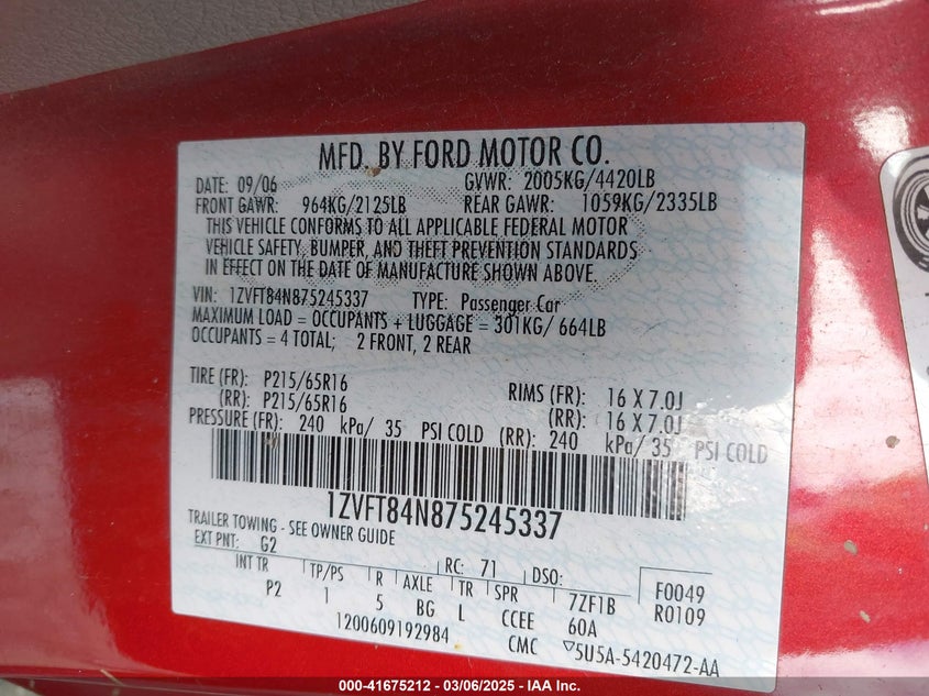 2007 FORD MUSTANG VIN: 1ZVFT84N875245337