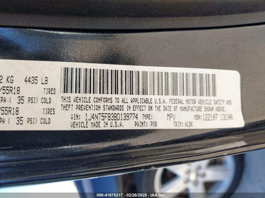 2011 Jeep Compass Limited VIN: 1J4NT5FB3BD139774 Lot: 41675217