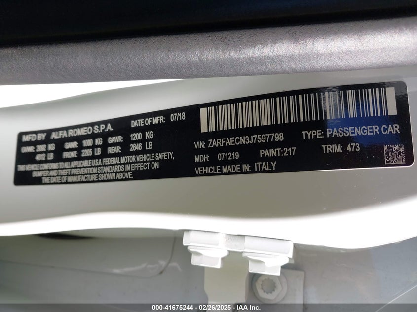 2018 ALFA ROMEO GIULIA TI SPORT RWD ZARFAECN3J7597798