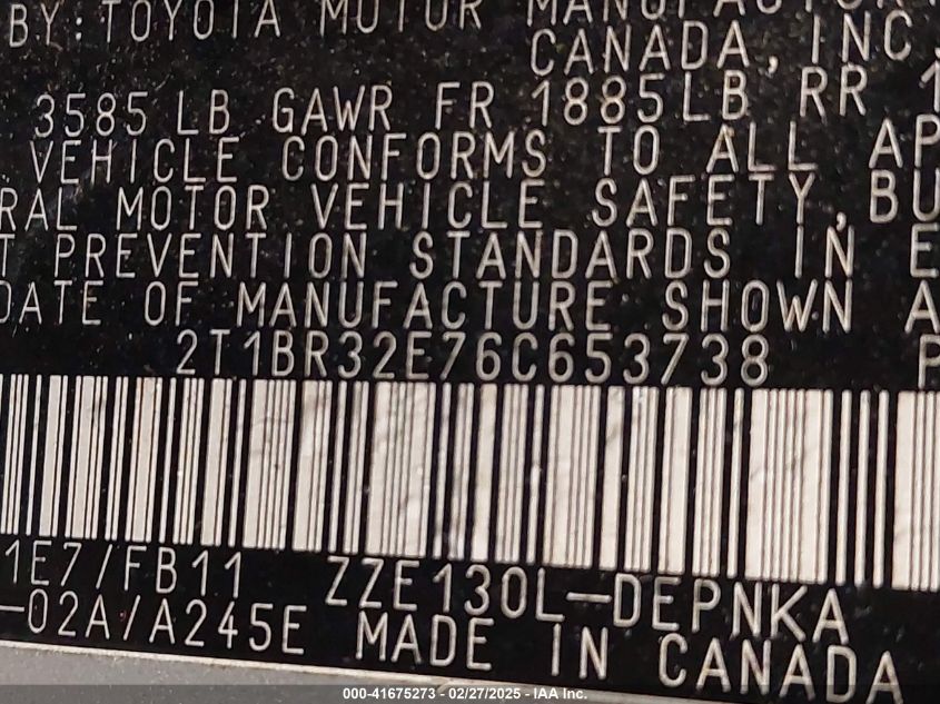 2006 Toyota Corolla Le VIN: 2T1BR32E76C653738 Lot: 41675273