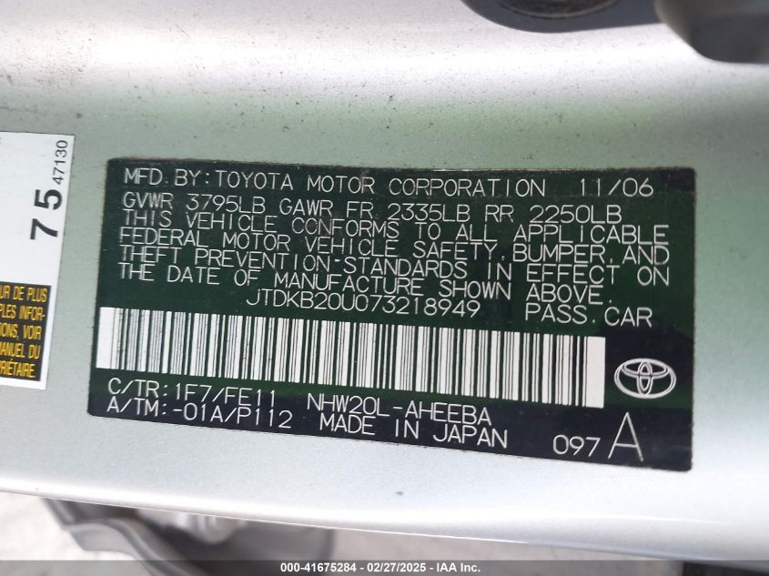 2007 Toyota Prius VIN: JTDKB20U073218949 Lot: 41675284