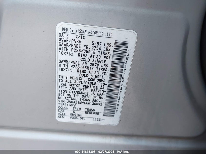 2010 NISSAN MURANO VIN: JN8AZ1MW4AW136892