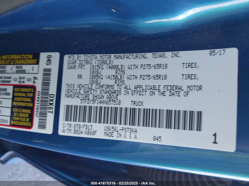 2017 TOYOTA TUNDRA VIN: 5TFDY5F14HX657510