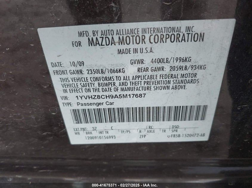 2010 MAZDA 6 VIN: 1YVHZ8CH9A5M17687