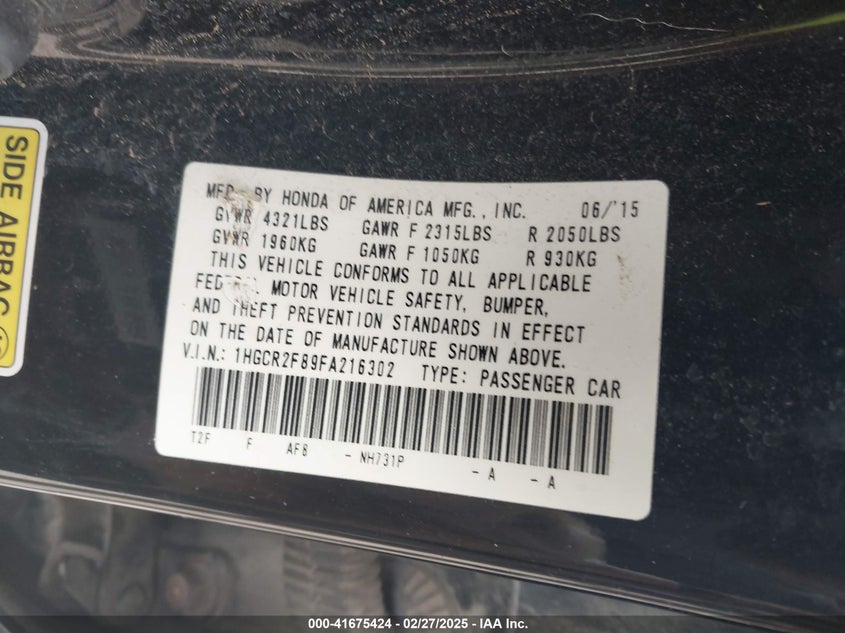 2015 HONDA ACCORD VIN: 1HGCR2F89FA216302