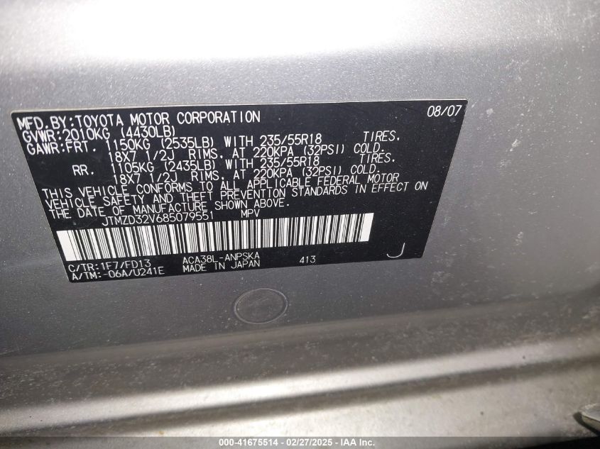 2008 Toyota Rav4 Sport VIN: JTMZD32V685079551 Lot: 41675514