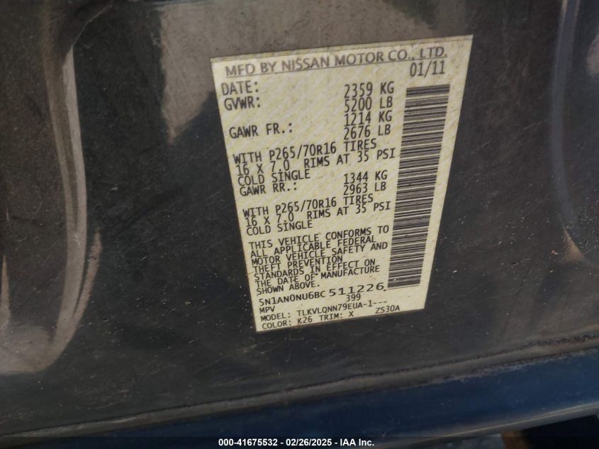 2011 Nissan Xterra X VIN: 5N1AN0NU6BC511226 Lot: 41675532